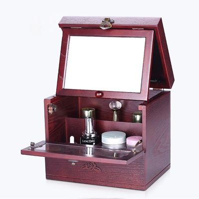 CXCTCT Wooden Makeup Storage Organizer with Mirror for Countertop, Cosmetic Makeup Storage Box, Vanity Display Case for Skincare Perfume Beauty, Multi-Function Cosmetic Storage Box