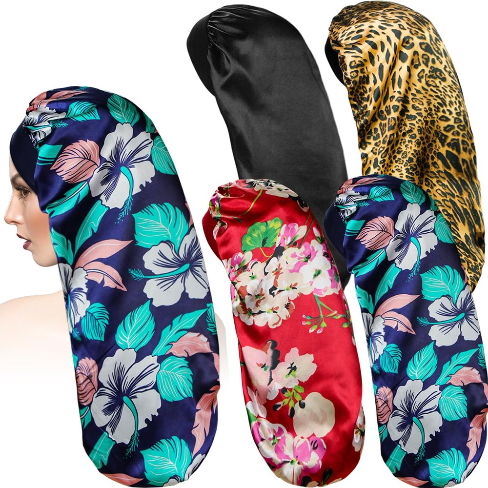 BCHRTOIP 4 Pcs Long Satin Sleep Bonnet for Curly Hair and Dreadlock, Long Braids Bonnet Sleeping Cap for Women Multicolor