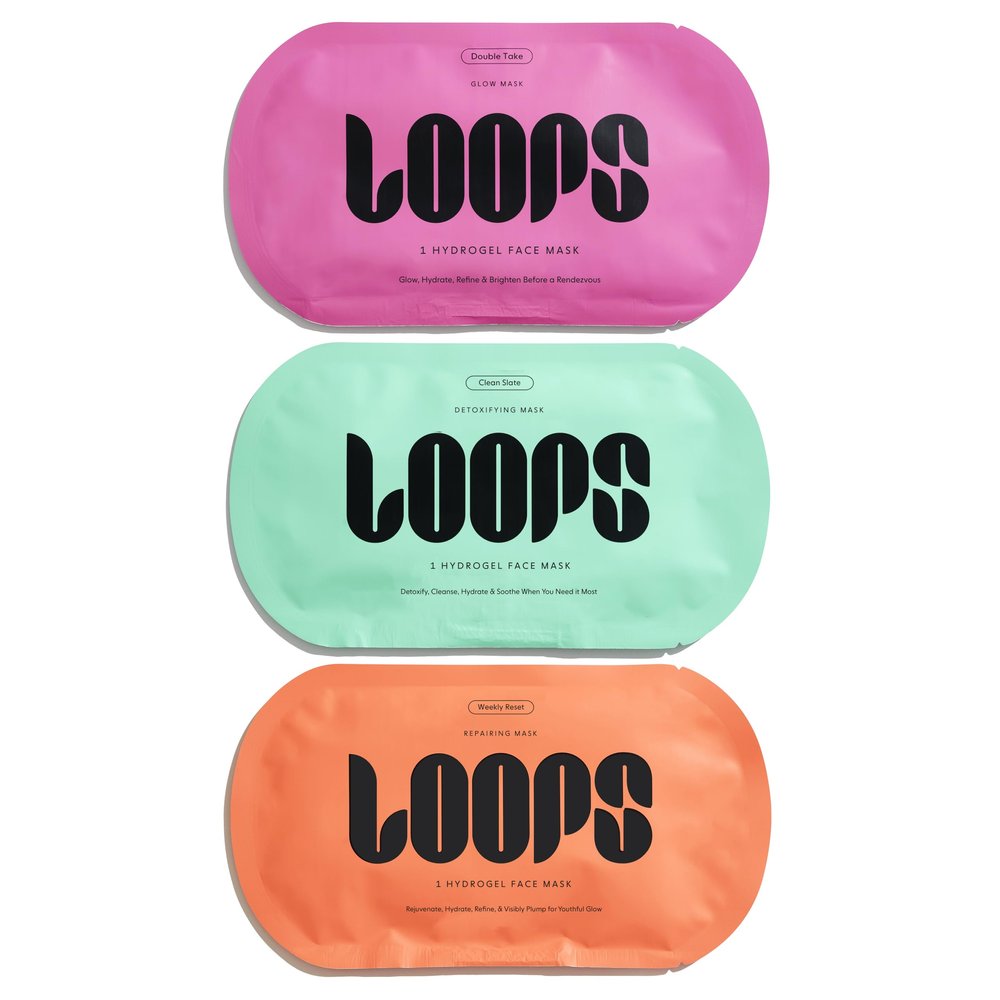 LOOPS Complexion Reset Hydrogel Face Mask Set - Clean Slate Detoxifying, Double Take Glow, and Weekly Reset Rejuvenating Masks - Cleanse and Soothe - Calm and Brighten - Moisturize and Refine - 3 pc