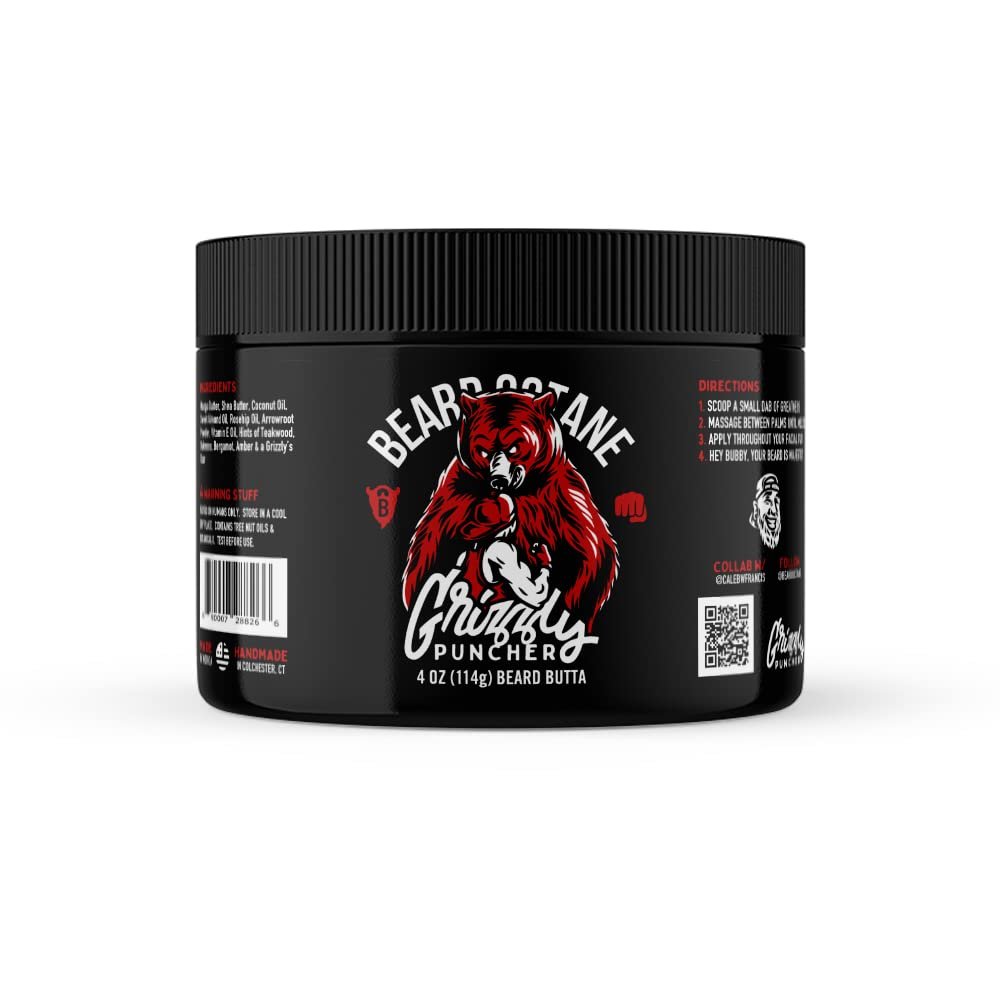 Beard Octane: Grizzly Puncher - Natural Beard Butter w/Shea Butter- 4 Oz - Healthy Softer Beards - Made in USA - Premium Handcrafted Beard Care