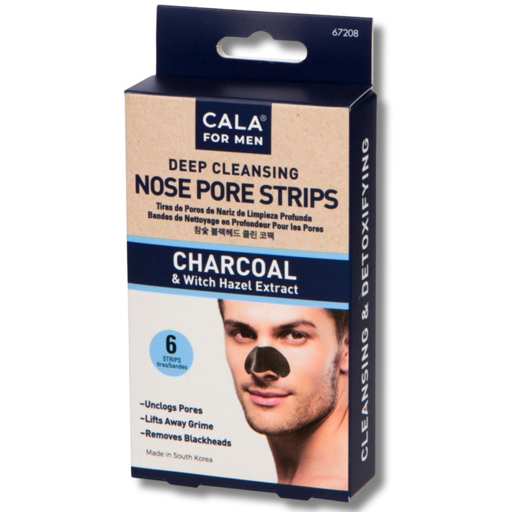 Cala Men Charcoal Nose Pore Strips with Witch Hazel & Charcoal Powder, 6 Strips - Blackhead Remover & Pore Detox for Mens Skin, All Skin Types