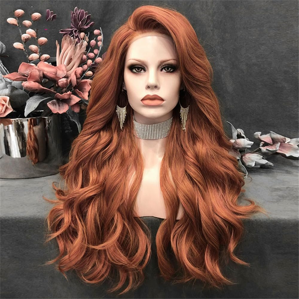 Ginger Long Natural Wavy Wigs Synthetic Lace Front Wig Mixed Color Copper Cosplay Wigs For Women Ginger 24inches