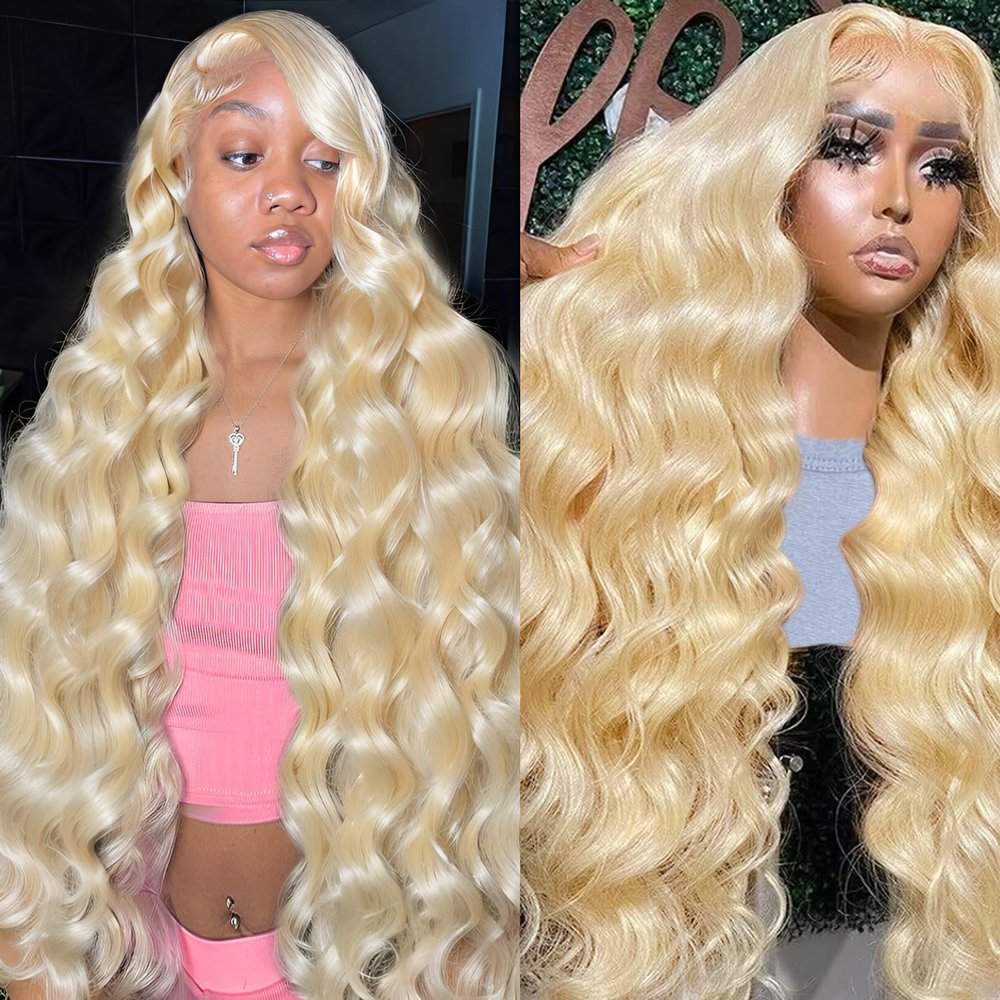 HUANGCAI 613 Lace Front Wig Human Hair, 38inch 13x6 Blonde Lace Front Wigs Human Hair, 613 Body Wave HD Transparent Lace Frontal Wig, 180% Density Blonde Wig Human Hair Pre Plucked with Baby Hair