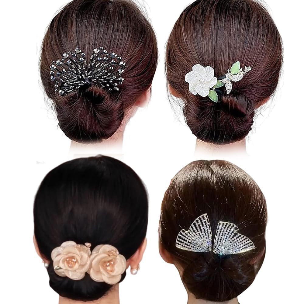 2/4Pcs Donut Hair Bun Maker, Flower Hair Clip, Lazy Hair Curler, Deft Bun Lazy Flower Hairpin, Vintage Hair Accessories for Women, Bow Bun Roller, Hair Fold Wrap Snap Band (4Pcs A)