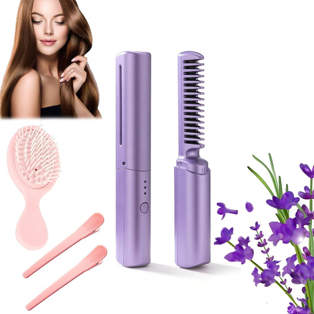 Rechargeable Mini Hair Straightener, Rechargeable Lazy Portable USB Wireless Hair Straightener Comb, Portable Cordless Hair Straightener Brush for Short and Long Hair (Purple)