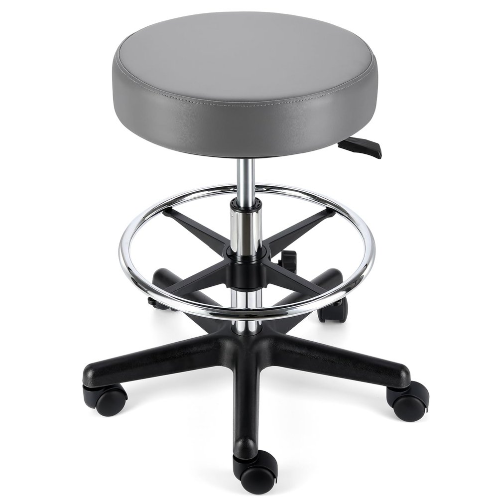 JMU Round Rolling Stool with Foot Rest,Ultra Soft PVC Leather Large Seat,Heavy Weight Capacity 400lbs, Adjustable Height for Tattoo Salon Spa Office Dentist Healthcare(Charcoal)