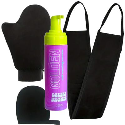 Desert Bronze Golden Self Tanner Bundle Set, 1 Desert Bronze Self Tanning Mousse + 2 Mitts + Back Applicator! Odor Free, Instant Color