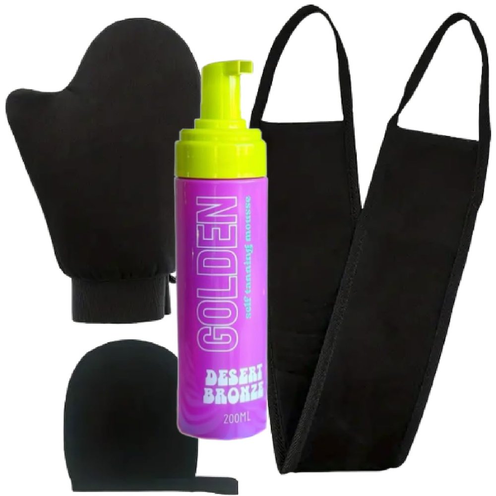 Desert Bronze Golden Self Tanner Bundle Set, 1 Desert Bronze Self Tanning Mousse + 2 Mitts + Back Applicator! Odor Free, Instant Color