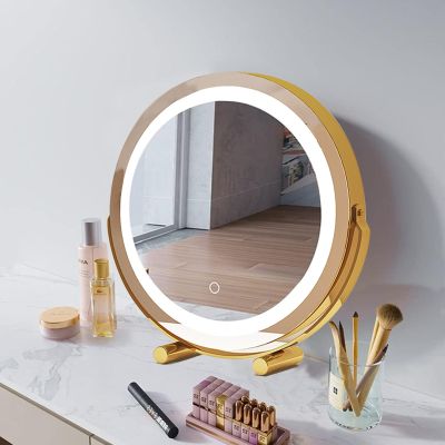 FERKAP Vanity Mirror with Lights Tabletop Makeup Mirror Light Up Vanity Mirror 360Rotation 3 Color Lighting Modes Touch Control Rechargeable Dressing Table Mirror (Color : Gold, Size : 15.7"X17.3")