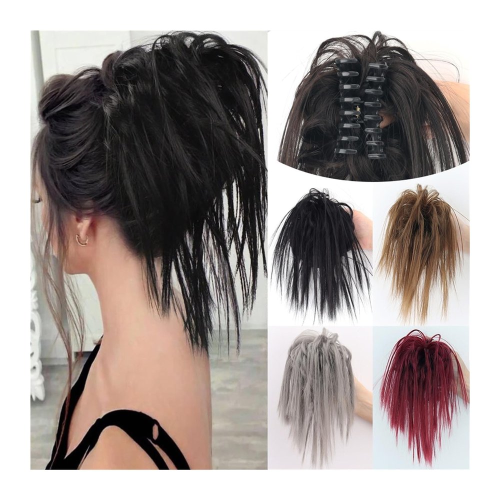 GRFIT Women Bun Scrunchies Messy Bun Hair Piece Synthetic Claw Clip Hair Bun Wavy Curly Chignon Hair Extensions Claw Clip Ponytail Hairpieces Hair Scrunchie with Clip for Women Bun Hair (Color : 99J)