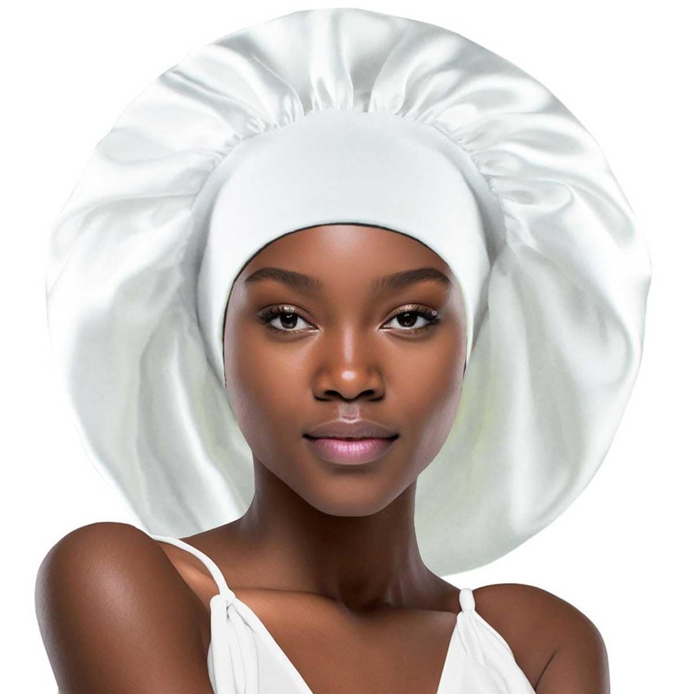 White Silk Bonnet for Women Long Hair Cover Satin Bonnet for Sleeping Braids Extra Large Satin Sleep Cap Head Cover XL Night Hats