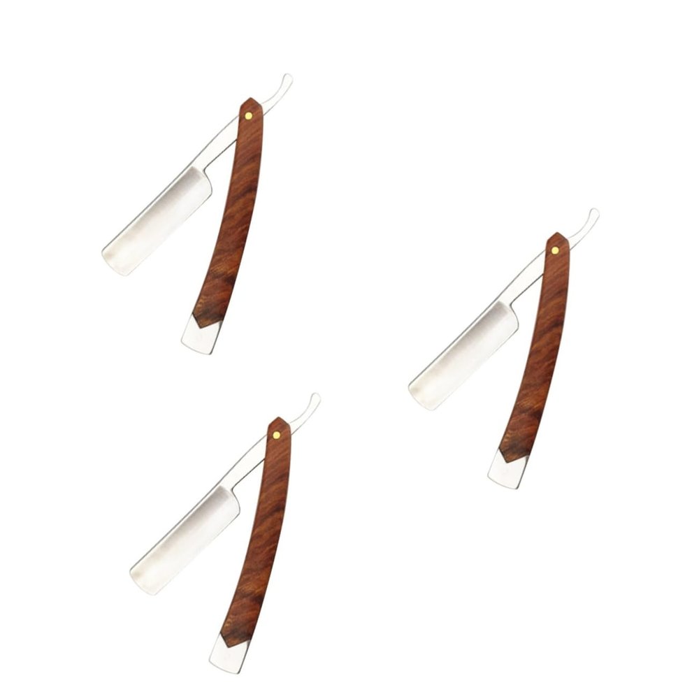 FOMIYES 3pcs Ergonomic Beard Manual Shaver Mustache Trimmer Hair Razor for Men Barber Care Wood Handle