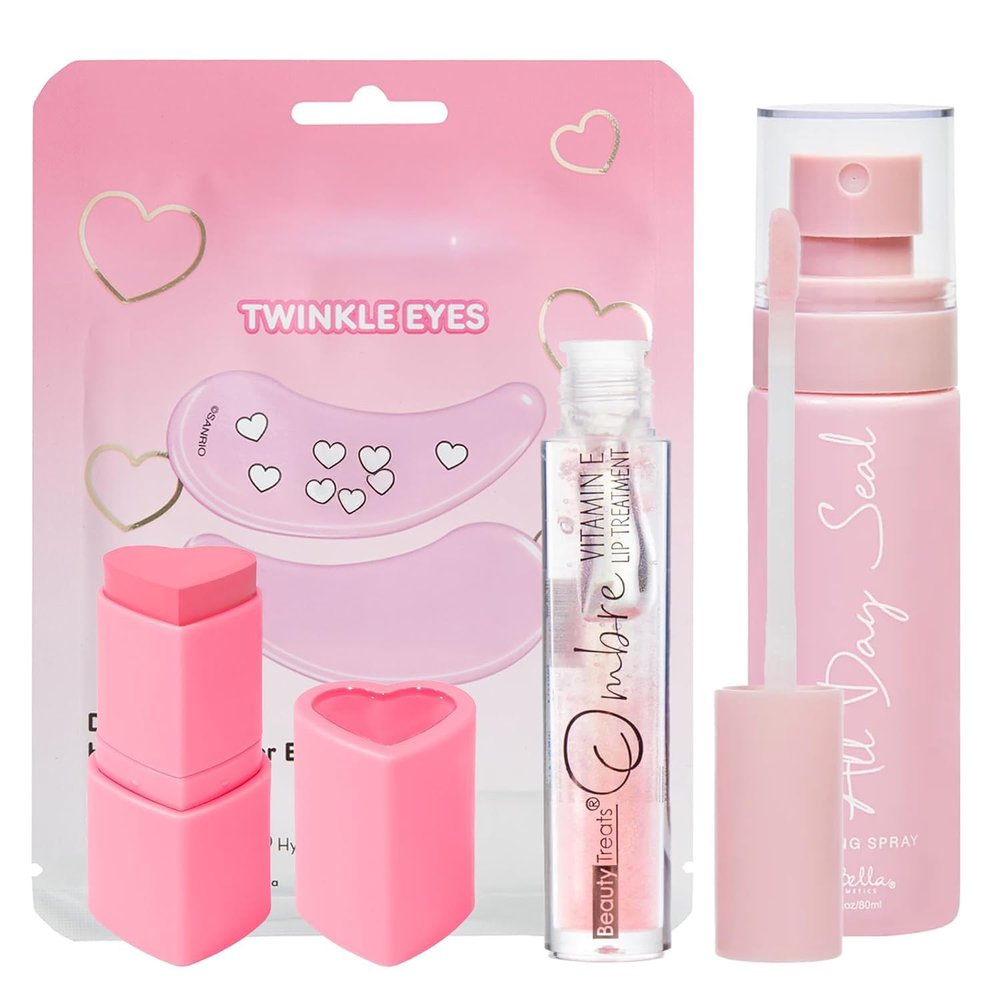 Glam Lux Beauty Bundle Mystery Makeup Sets Kitty Twinkle Eyes Patches, Amorus Matte Sweet Blush Stick, All Day Setting Spray & Beauty Treats Ombre Lip Treatment Gifts