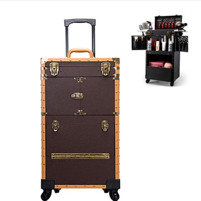 BABYCE Utility Organizer Cart Trolley Cosmetic Case Retro Stylist Brake Wheel Telescopic Handle with Hair Dryer Bracket High Capacity Travel Portable Scissors Kit, 39X25.5X82cm,Black (Color : Brown)