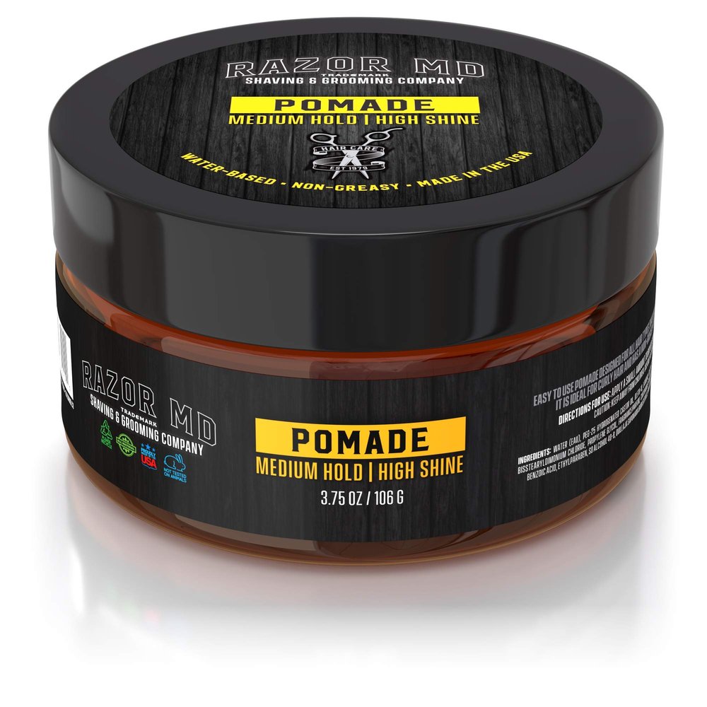 Razor MD Natural Water Based Hair Pomade for Men With High Shine and Slickback Finish, Medium Strong Hold Best Hair Products for Mens with Curly, Long, Wavy and Thin Hair, Made in the USA, 3.75 oz