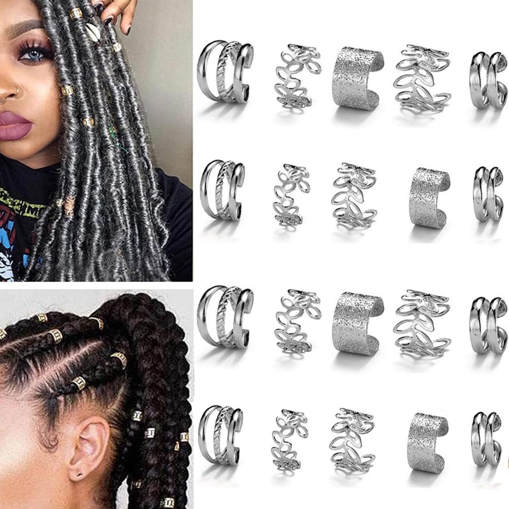 20 PCS Silver Hair Jewelry for Braids Crystal Rhinestone Dreadlock Metal Braid Clips Non-Piercing Ear Clip Cuffs Jewelry for Women Men Hair Accessories Braid Tools