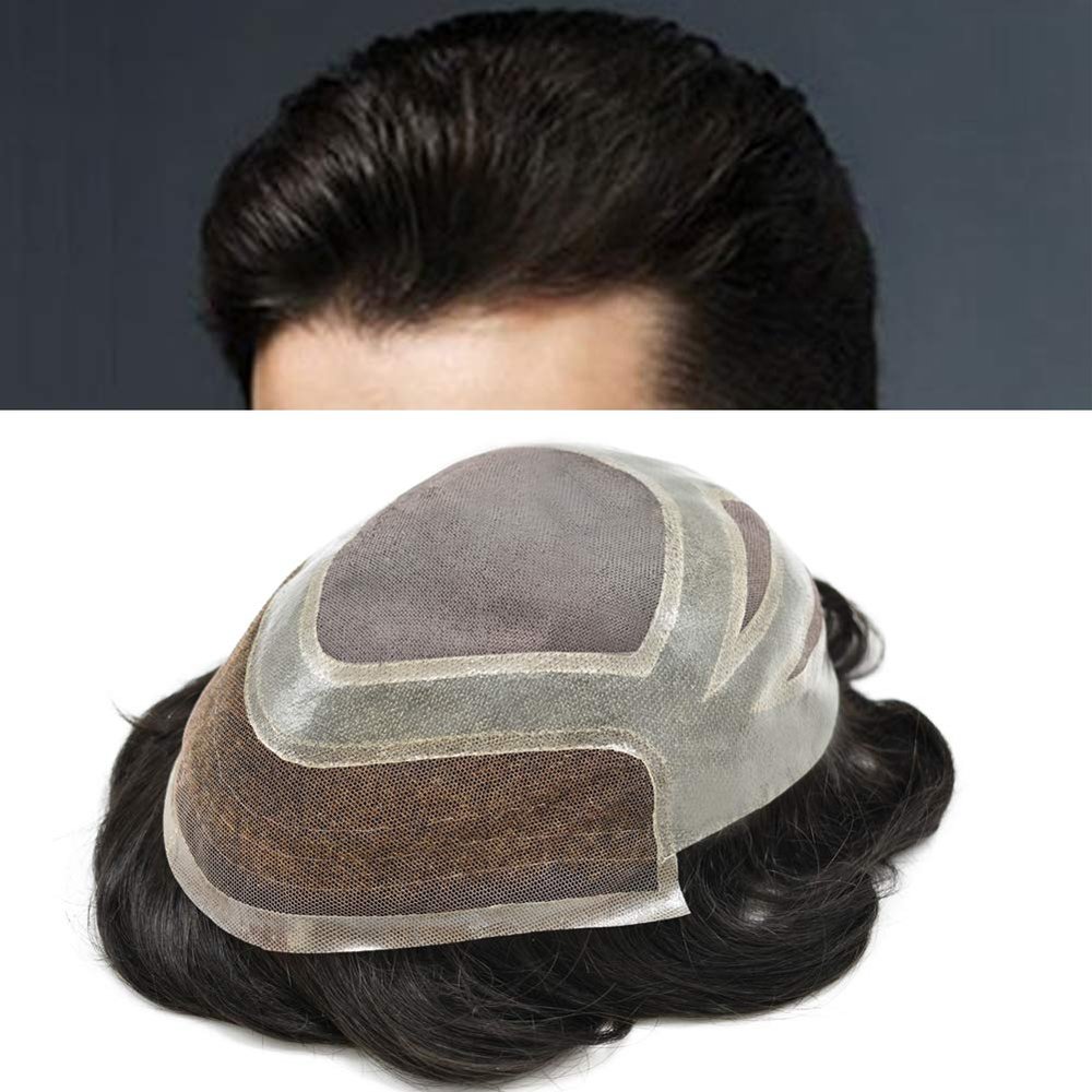 Mens Toupee Wigs Hair System for Men French Lace Front Mens Hair Piece Replacement Hair Unit Natural Hairline Fine Mono Poly Skin Toupee for Men (8''x10''-120% Med-light to Medium Density, #1B60 Off Black+60% Gray)