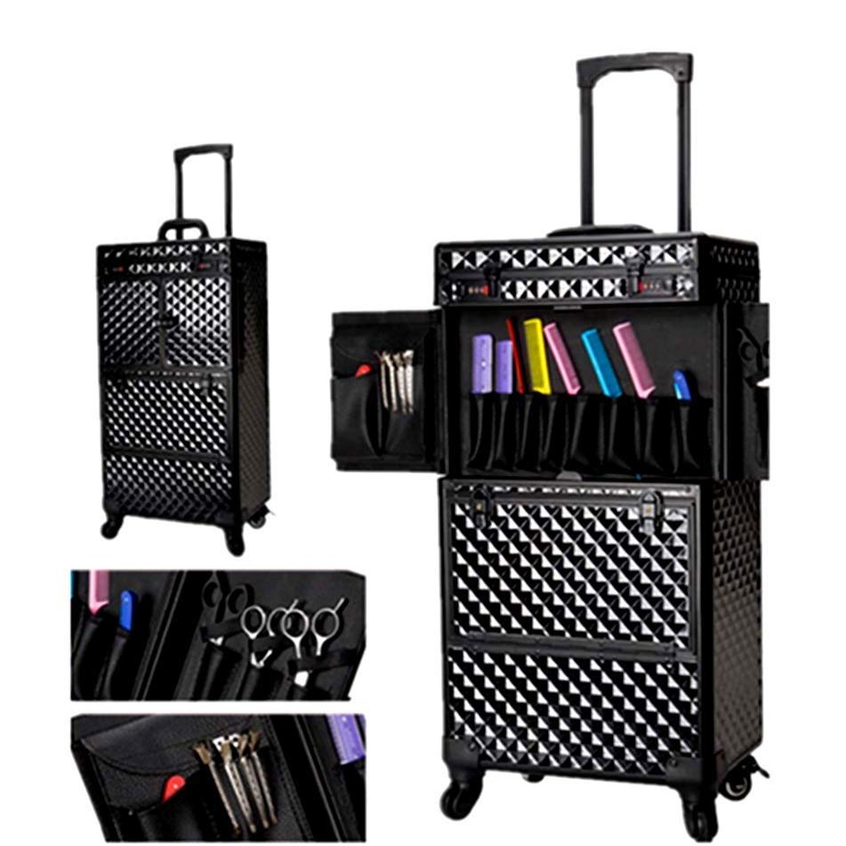 BABYCE Utility Organizer Cart Rolling Makeup Case Trolley Aluminum Alloy Edge Wear-Resistant Universal Casters High Capacity Password Multi-Functional Beauty Kit, Black, 38X25x82cm