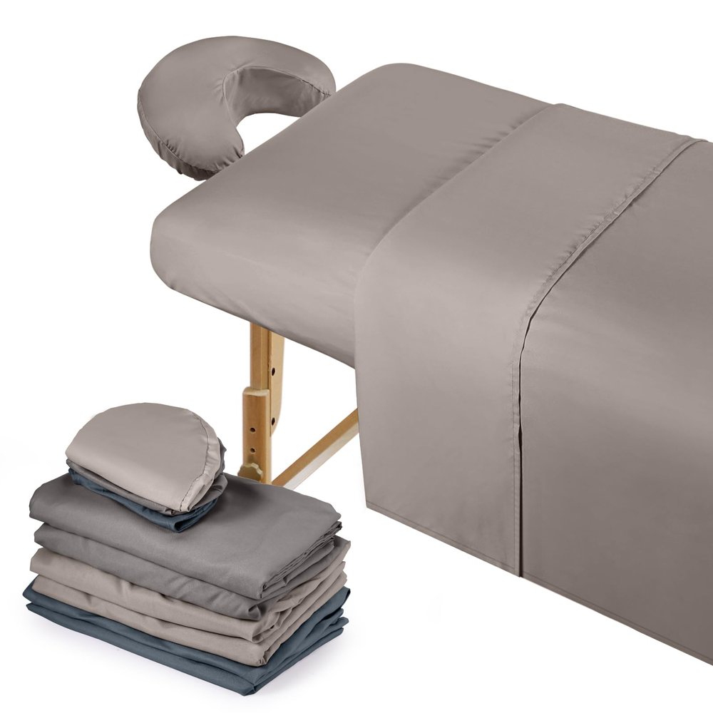 Kinlop 3 Sets Microfiber Massage Table Sheet Set 3 Colors 3 Piece Set Includes Massage Flat Sheet Fitted Sheet and Massage Face Rest Cover Stain Wrinkle-Resistant(Purple Gray, Dark Gray, Khaki)