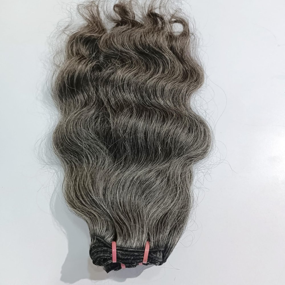 Raw unprocessed Grey - Salt and Pepper Indian Wavy Human Hair Extensions - Remy Human Hair Extensions Single Donor Bundle (100 grams - 3.5 oz) (16 Inches)
