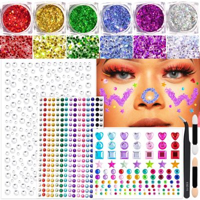 Face Glitter Body Glitter Makeup Glitter Gel with Face Gems Jewels Self Adhesive, 6 Colors Holographic Glitter Gel Hair Glitter with Stick On Gems Rhinestones for Face, Hair, Body for Festival Makeup