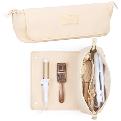 BAREFOOT CARIBOU Hair Tools Travel Bag and Heat Resistant Mat (15.5") for Flat Irons, Straighteners, Curling Iron, and Haircare Accessories, 2-in-1 design, Interior Pockets, Portable Organizer (Ivory)