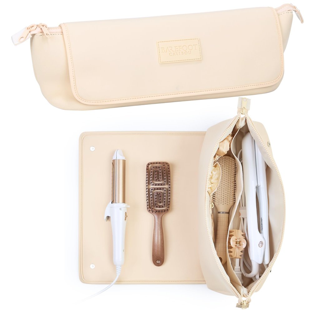 BAREFOOT CARIBOU Hair Tools Travel Bag and Heat Resistant Mat (15.5") for Flat Irons, Straighteners, Curling Iron, and Haircare Accessories, 2-in-1 design, Interior Pockets, Portable Organizer (Ivory)
