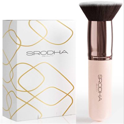 SRODHA Beauty Make Up Brush Set | 3 Piece Kit | Face Brushes Liquid Foundation Concealer Powder Blush Blending | Includes Flat Top Kabuki, Makeup Blender Sponge & Brush Silicone Cleaning Mat (Pink)