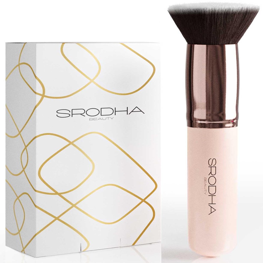 SRODHA Beauty Make Up Brush Set | 3 Piece Kit | Face Brushes Liquid Foundation Concealer Powder Blush Blending | Includes Flat Top Kabuki, Makeup Blender Sponge & Brush Silicone Cleaning Mat (Pink)