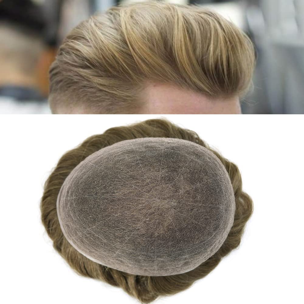 Mens Toupee Wigs Hair System for Men All French Lace Hair Piece Replacement Mens Hair Unit Natural Hairline Toupee for Men (8''X10'', 18 Medium Blonde-120% Med-light to Medium Density)