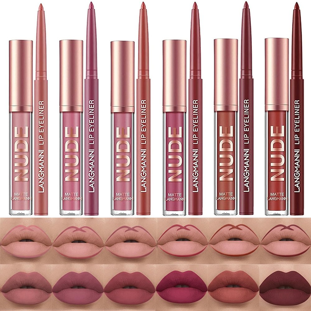 BONNIE CHOICE 12Pcs Matte Liquid Lipstick + Lip Liner Pens Set, 6 Matte Lipstick With 6 Matching Smooth Lipliner Waterproof Long Lasting 24 Hour Lip Gloss Makeup Christmas Day Gifts for Women