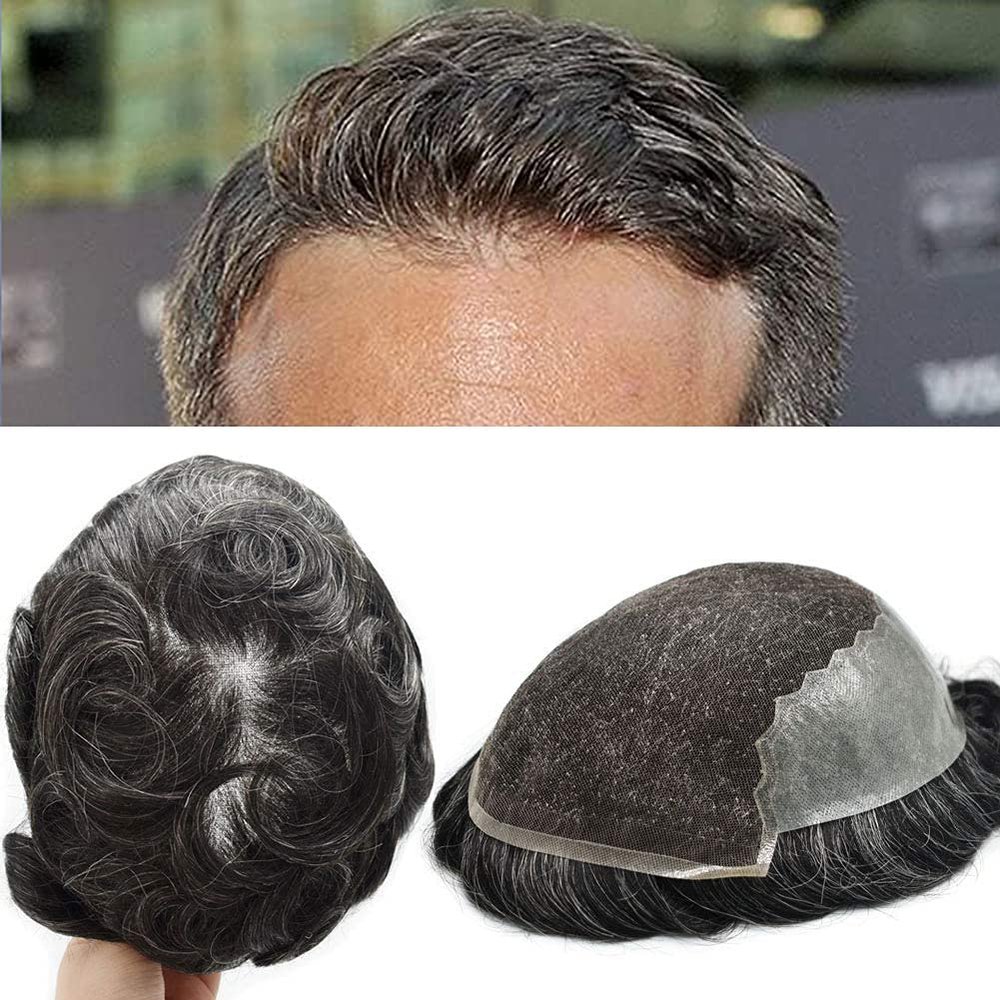Toupee for men Remy Human Hair Replacement System Bleached Knots Lace Front Thin Skin Mens Toupee Gray Men Hair Piece Natural Wigs For Men 6"x8",#1B10 Off Black+10% Gray-120% Medium Light to Medium