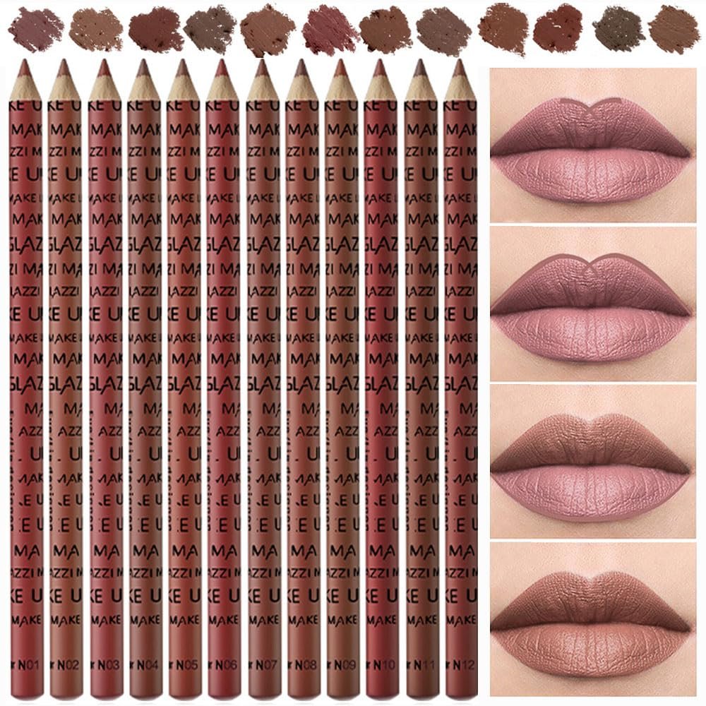 12 Pcs Colors Lip Liner Lipstick Pencils Set Pack for Shaping & Sculpting Lips,Natural Maroon Dark Red Nude Beige Chocolate Brown Plum Matte Pigmented Lipliners Crayon Lipstick