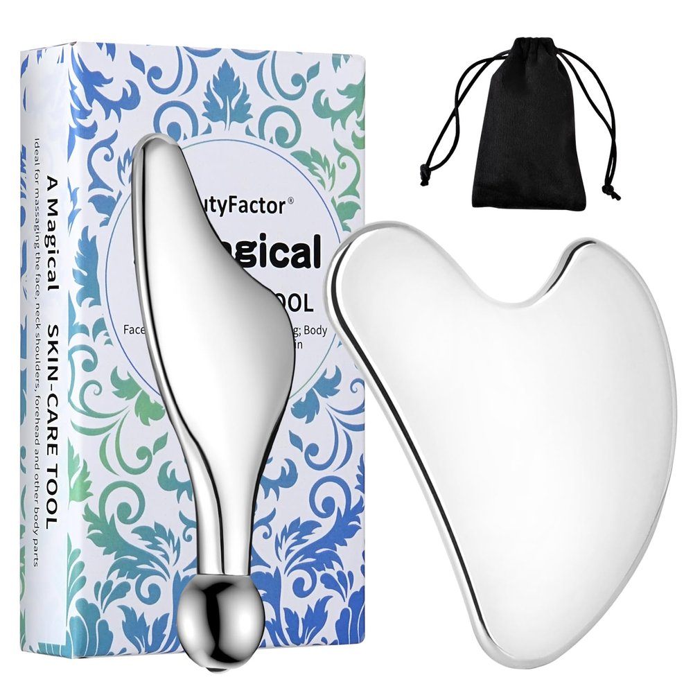 BEAUTYFACTOR Stainless Steel Gua Sha Facial Tools Guasha for Face Metal Gua Sha Tighten Skin Massage,Guasha Beauty Tool Manual Massage Sticks for Jawline Sculpting,Puffiness Reducing and Body Massager