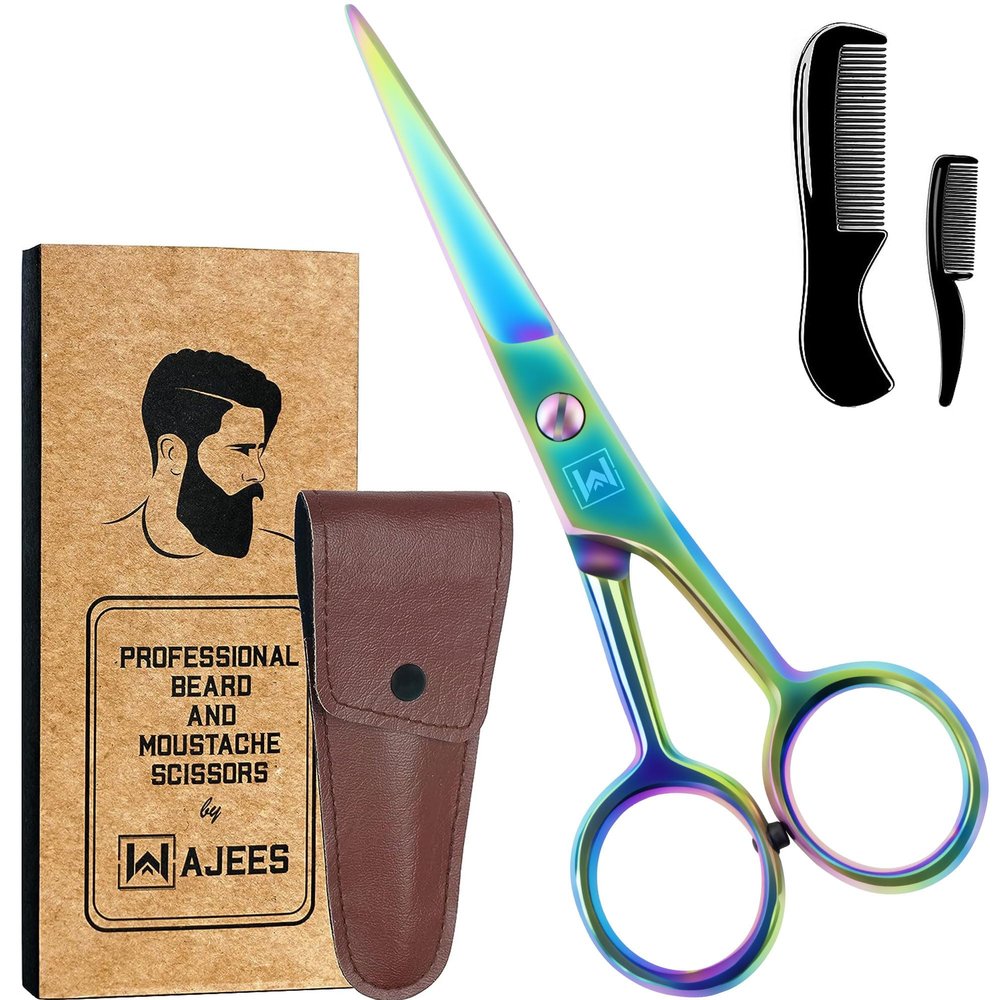 WAJEES Mustache & Beard Scissors for Men  Stainless Steel Grooming Kit with Comb & Travel Case  Sharp Facial Hair Trimming Tool for Mustache, Beard, Nose & Eyebrows