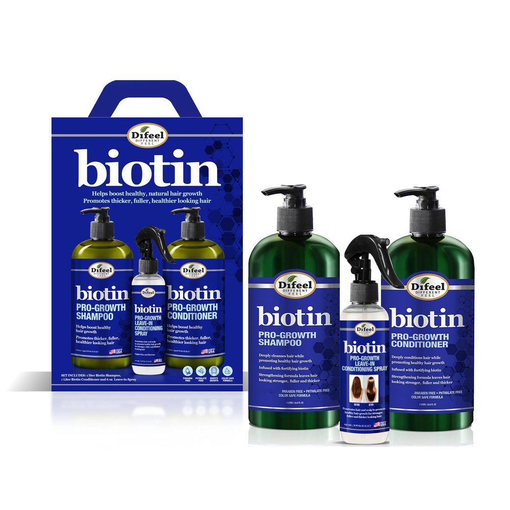 Difeel Biotin Pro-Growth Shampoo, Conditioner & Leave-in Spray Set - 33.8 oz Shampoo, 33.8 oz Conditioner, 6 oz Conditioning Spray