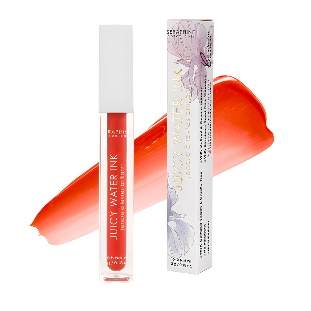 Seraphine Botanicals Lip Stain Juicy Water Ink Makeup Glossy Glowing Finish or Blot for Matte! Lip Tint Ultra Hydrating Plumping Infused with Iris Root & Quince & Raspberry Seed Oil .18oz (Sunlit)