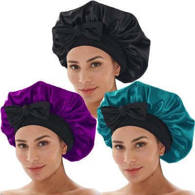 3 Pcs Silk Bonnet for Sleeping, Hair Bonnets with Tie Band Satin Bonnet for Women Night Sleep Caps Natural Curly Hair (Set_A)