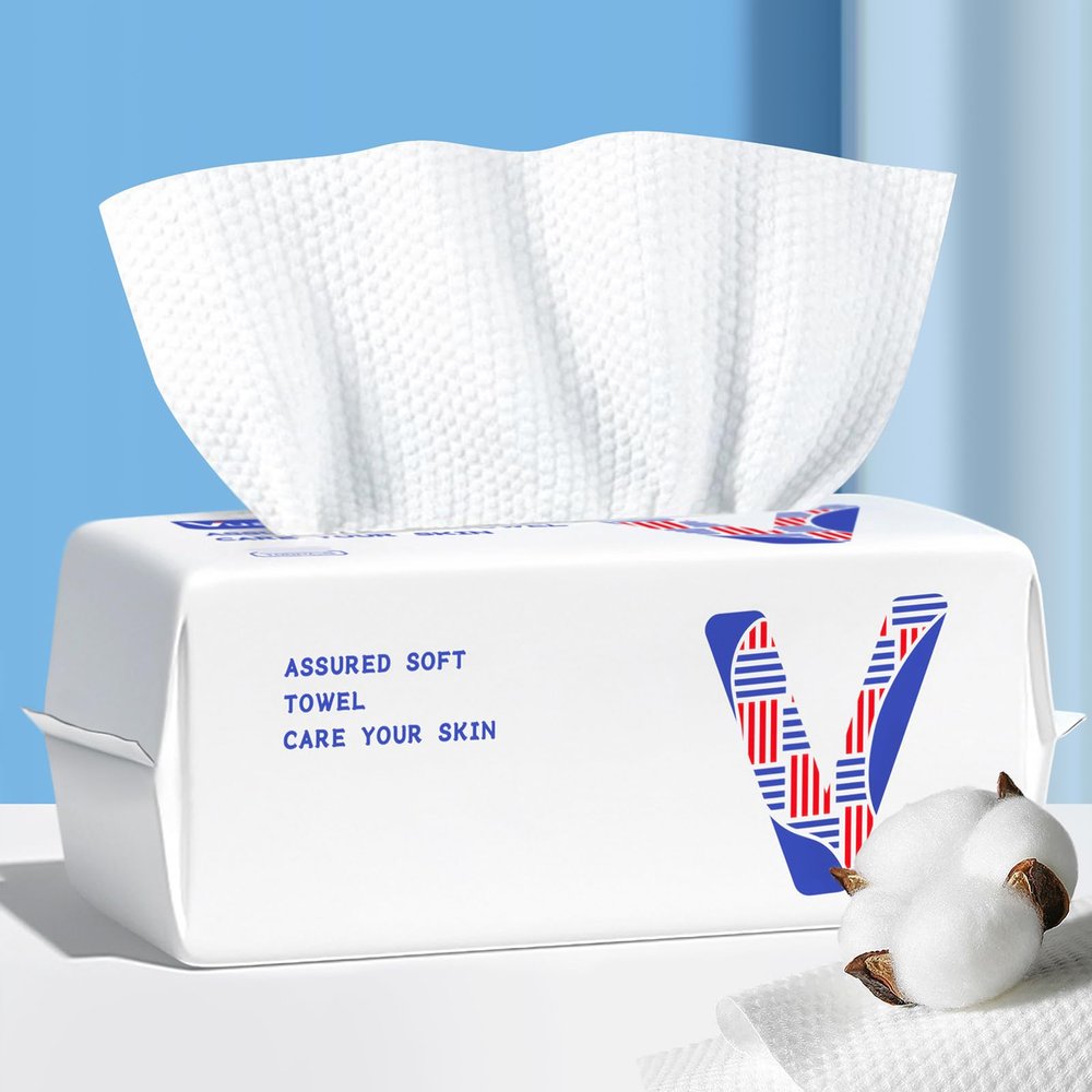 vuacepe Face Towels Disposable Cotton Facial Towels, 100 Count Biodegradable Soft Dry Facial Tissue, Drying Tissue for Skin Care, Makeup Remover, Disposable Face Cloths for Washing