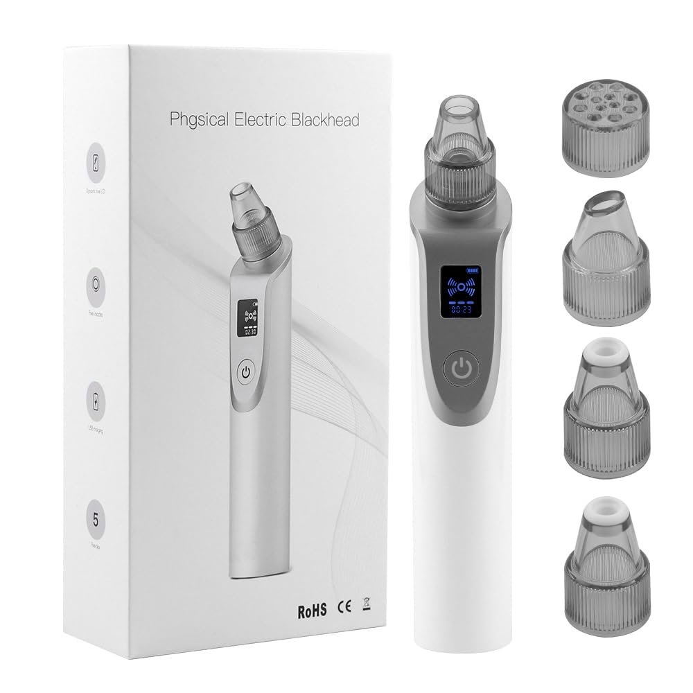 BuzzWav Blackhead Remover Pore Vacuum, Face Vacuum Pore Cleanser, 5 Probes, LED Display (White)