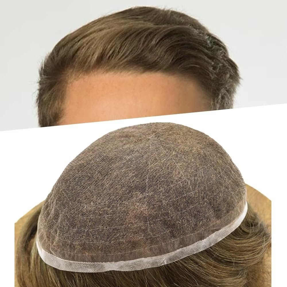 SINGA HAIR Toupee for Men - Natural Lace Front Hair Piece System, Replacement Hairpiece, Medium Light Brown Grey Hair Wig Unit, 8''X10'' #520, 120% Medium Light Density