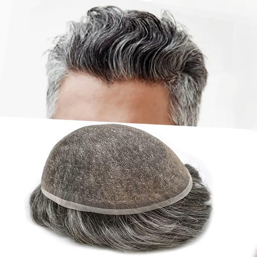 SINGA HAIR Toupee for Men Hair Replacement System Lace Mens Toupee Wigs Human Hair Piece Prosthesis Darkest Brown Grey Toupee Hair Units for Men 10''X8'' #250