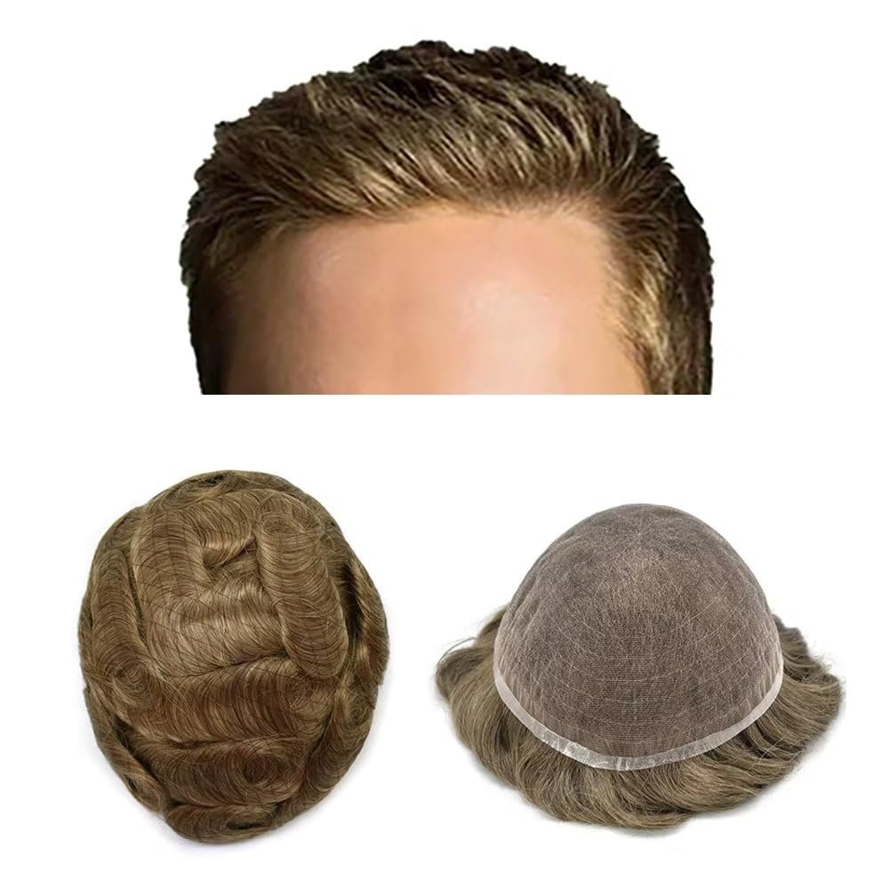 Hair System Toupee For Men Human Hair Piece Replacement Mens Toupee Wigs Male Prosthesis Transparent Full Lace Hair Unit for Men Hairpiece 8''X10'' #18 Medium Blonde 120% Medium Light