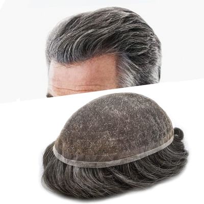 SINGA HAIR Toupee for Men Hair Replacement System Swiss Full Lace Mens Toupee Human Hair Piece Unit for Men Hair Prosthesis Patch 7''X9'' #230 Darkest Brown Grey