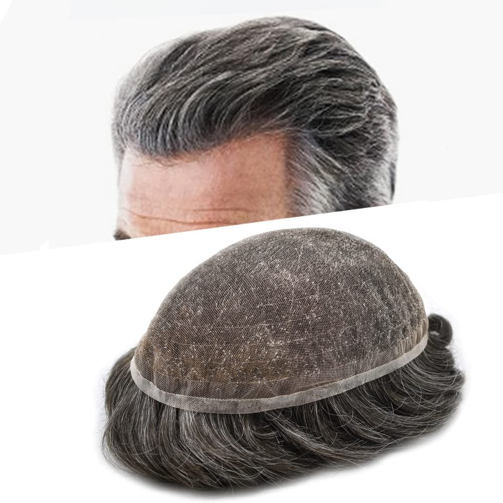 SINGA HAIR Toupee for Men Hair Replacement System Swiss Full Lace Mens Toupee Human Hair Piece Unit for Men Hair Prosthesis Patch 7''X9'' #230 Darkest Brown Grey
