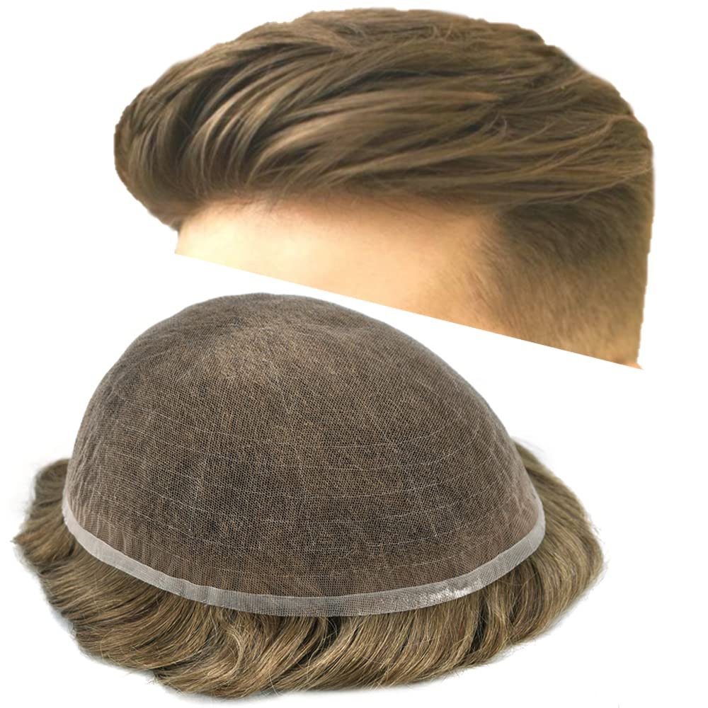 SINGA HAIR Toupee for Men Human Hair Piece Replacement System Mens Toupee Wigs Hairpiece Transparent Full Lace Toupee Hair Unit for Men 8''X10'' #18 Medium Blonde 100% Light to Medium