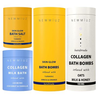 Bath Salt and Milk Bath and Bath Bombs Blend Pack of 4 - Collagen Magnesium Epsom Salt Vitamin C Arnica Montana Oil