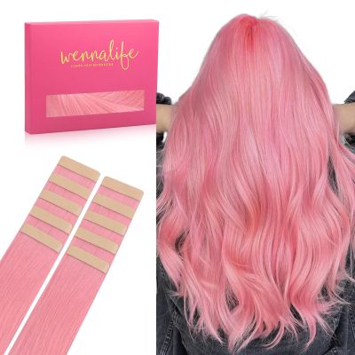 WENNALIFE Tape in Hair Extensions Human Hair Peach Pink, 10pcs 25g 18 inch Remy Hair Invisible Tape Ins Straight Colored Soft Refill Set Extensiones De Cabello Humano Con