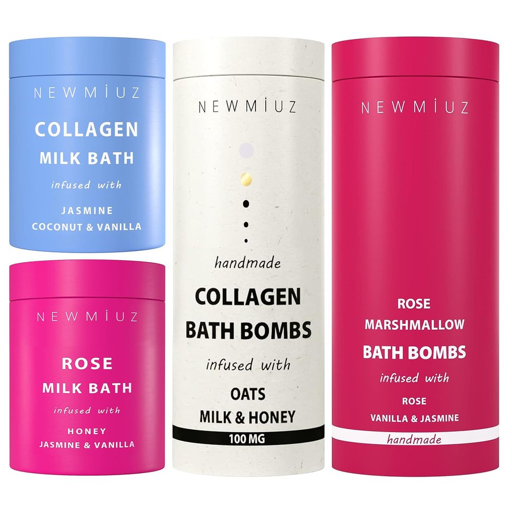 Bath Salt and Milk Bath and Bath Bombs Fizz Pack of 4 - Collagen Magnesium Epsom Salt Oatmeal Milk & Honey Rose