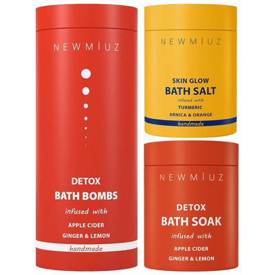 Bath Salt & Fizzing Bath Bombs Gift Set Pack of 3 - Arnica Montana Magnesium Epsom Salt Vitamin C Orange Ginger Lemon Essential Oils